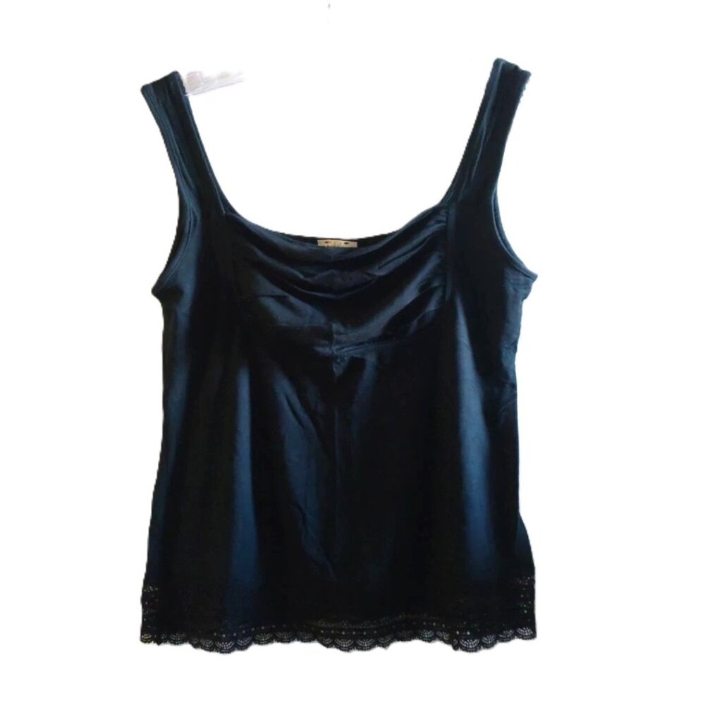 Y2K Arianne Black Lace Trim Ruched Square Neck Camisole Tank Top Size S